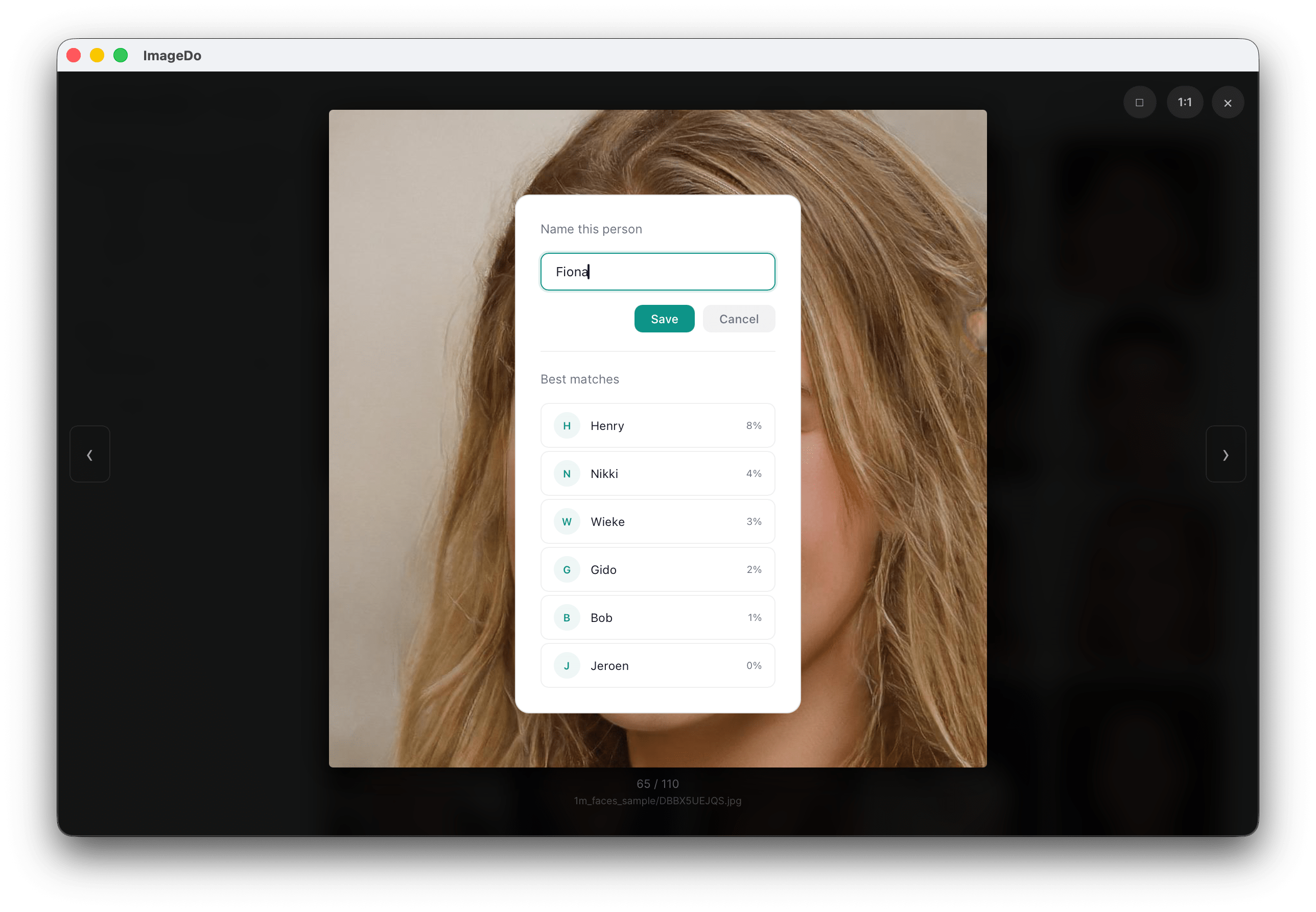 Full-screen lightbox with zoom and face tagging in ImageDo